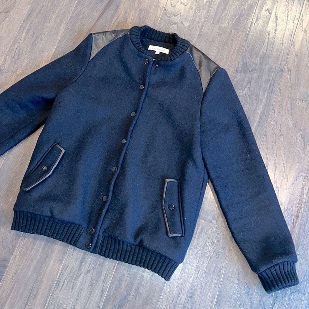 Sandro Wool & Leather Trim Letterman Jacket, Quilted Leopard Lining | Bomber, 36